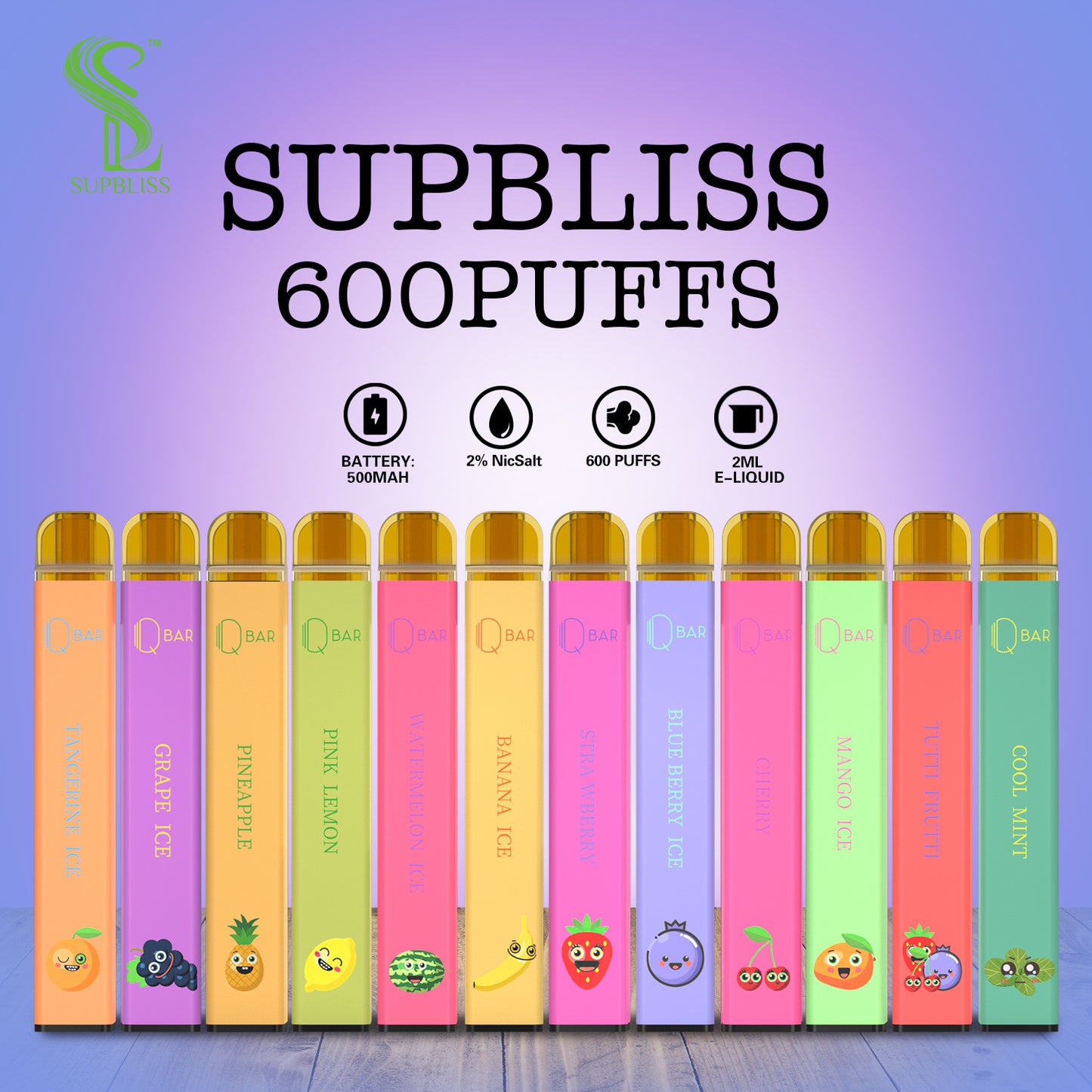 Supbliss 2% Nic 600 puffs Qbar 10 flavors available disposable vape pen