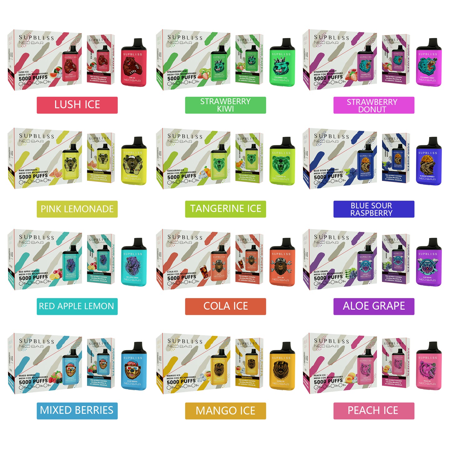 Supbliss Neo Bar 5000 Disposable Vape, 13 Flavors and 4 Nicotine Strengths Available