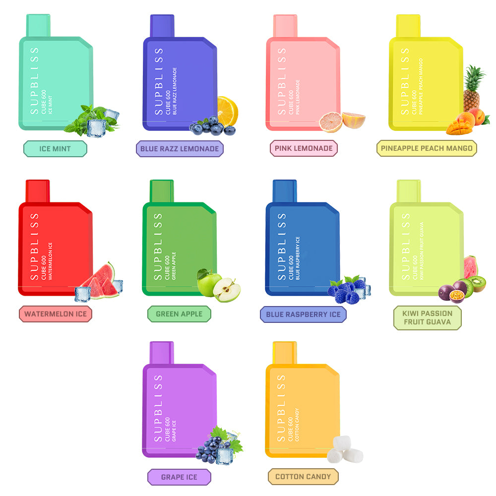 Supbliss Cube 600 TPD Compliant Disposable Vape, 11 Flavors and 4 Nicotine Strengths Available