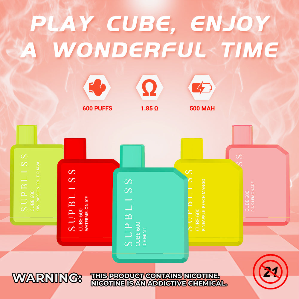 Supbliss Cube 600 TPD Compliant Disposable Vape, 11 Flavors and 4 Nicotine Strengths Available