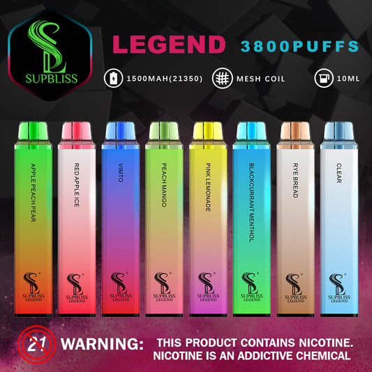 Supbliss Legend 3800 Disposable Vape, 16 Flavors and 4 Nicotine Strengths Available