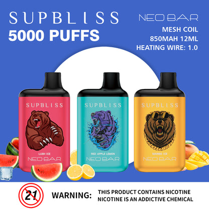 Supbliss Neo Bar 5000 Disposable Vape, 13 Flavors and 4 Nicotine Strengths Available
