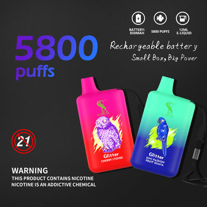 Supbliss Glitter 5800 Disposable Vape, 12 Flavors and 4 Nicotine Strengths Available