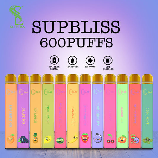 Supbliss 2% Nic 600puffs Qbar 10flavors available disposable vape pen