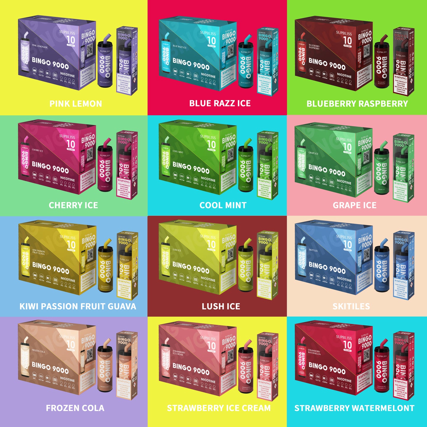 Supbliss Bingo 9000 Disposable Vape, 12 Flavors and 4 Nicotine Strengths Available