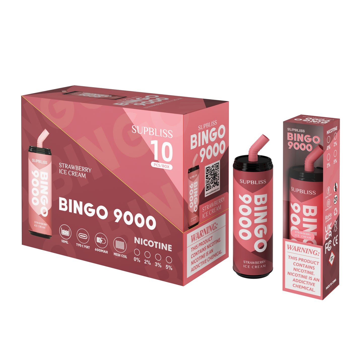 Supbliss Bingo 9000 Disposable Vape, 12 Flavors and 4 Nicotine Strengths Available